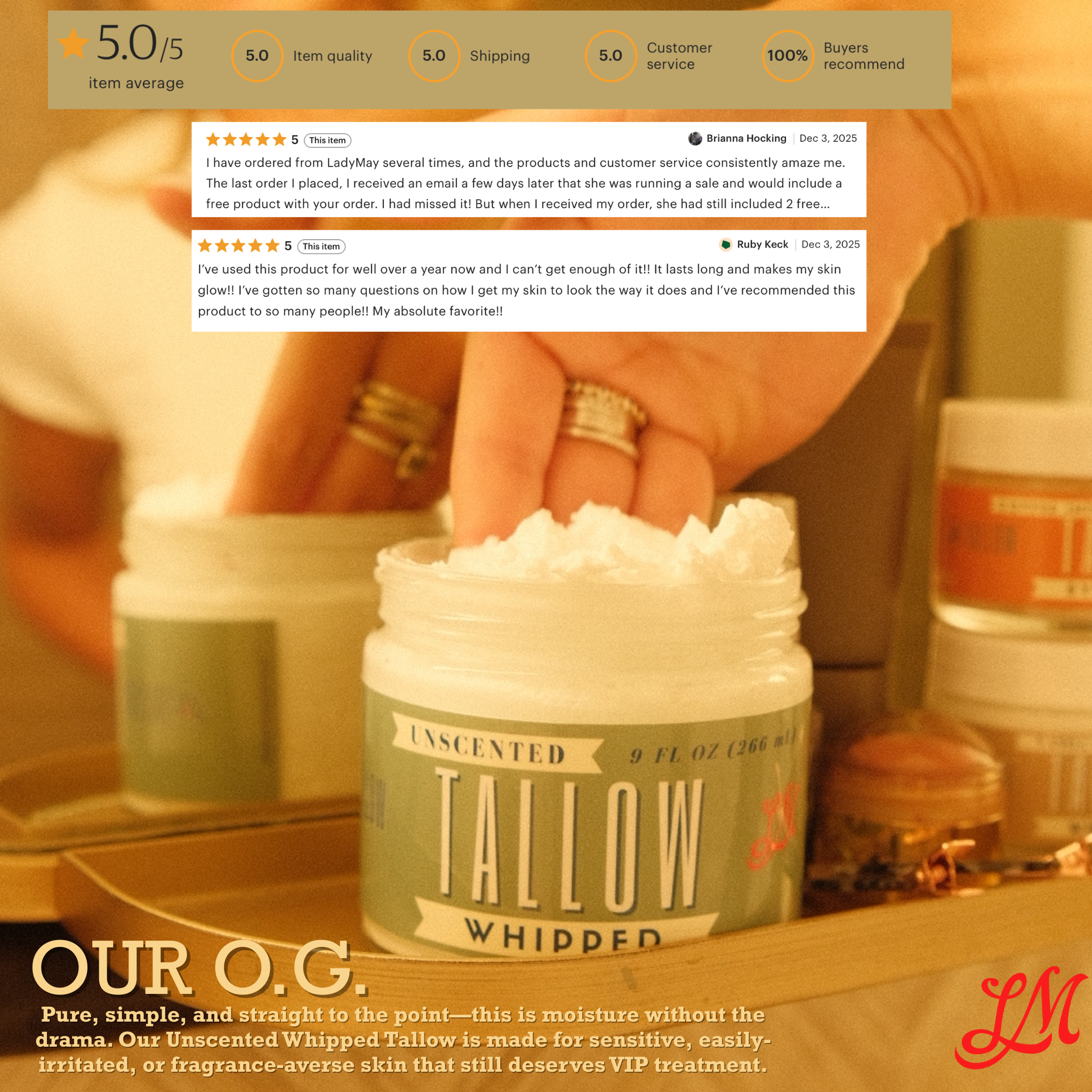 Unscented Whipped Tallow – All-Natural Moisturizer | Pure Beef Tallow Cream for Face &amp; Body |Lady May Handmade, Preservative-Free Skincare - Lady May Tallow