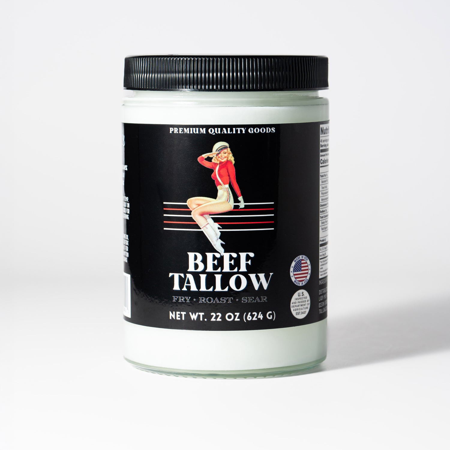 Jar of beef tallow with a vintage-style label on a white background