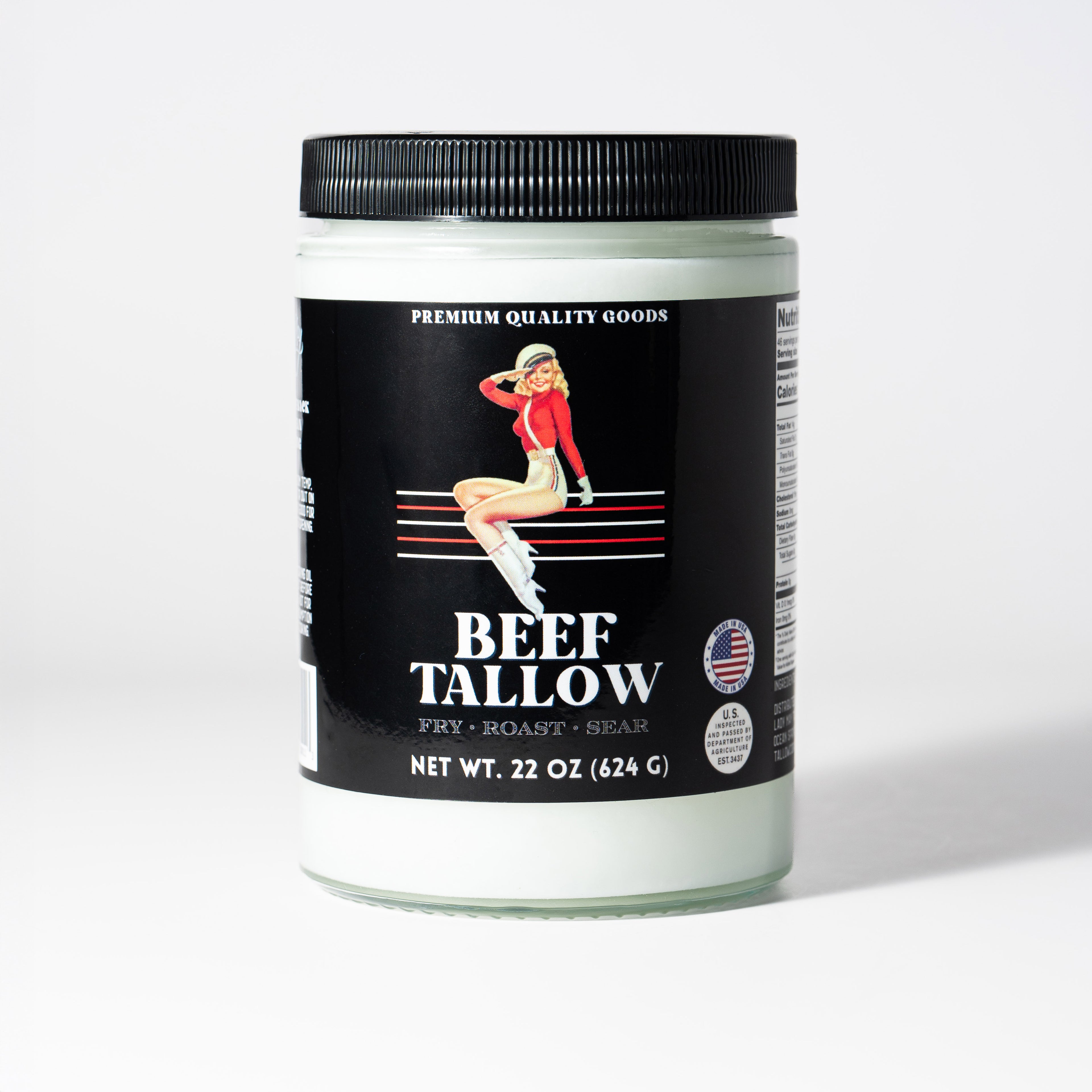Jar of beef tallow with a vintage-style label on a white background
