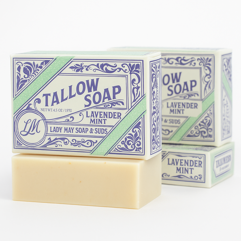 Pure Beef Tallow Soap Bar 3 Pack - Natural Handmade Soap for Face Body &amp; Shaving - Lavender Mint or Unscented - Moisturizing Sensitive Skin Soap - Chemical Free - Lady May Tallow