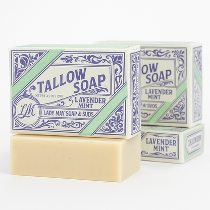 Pure Beef Tallow Soap Bar 3 Pack - Natural Handmade Soap for Face Body &amp; Shaving - Lavender Mint or Unscented - Moisturizing Sensitive Skin Soap - Chemical Free - Lady May Tallow