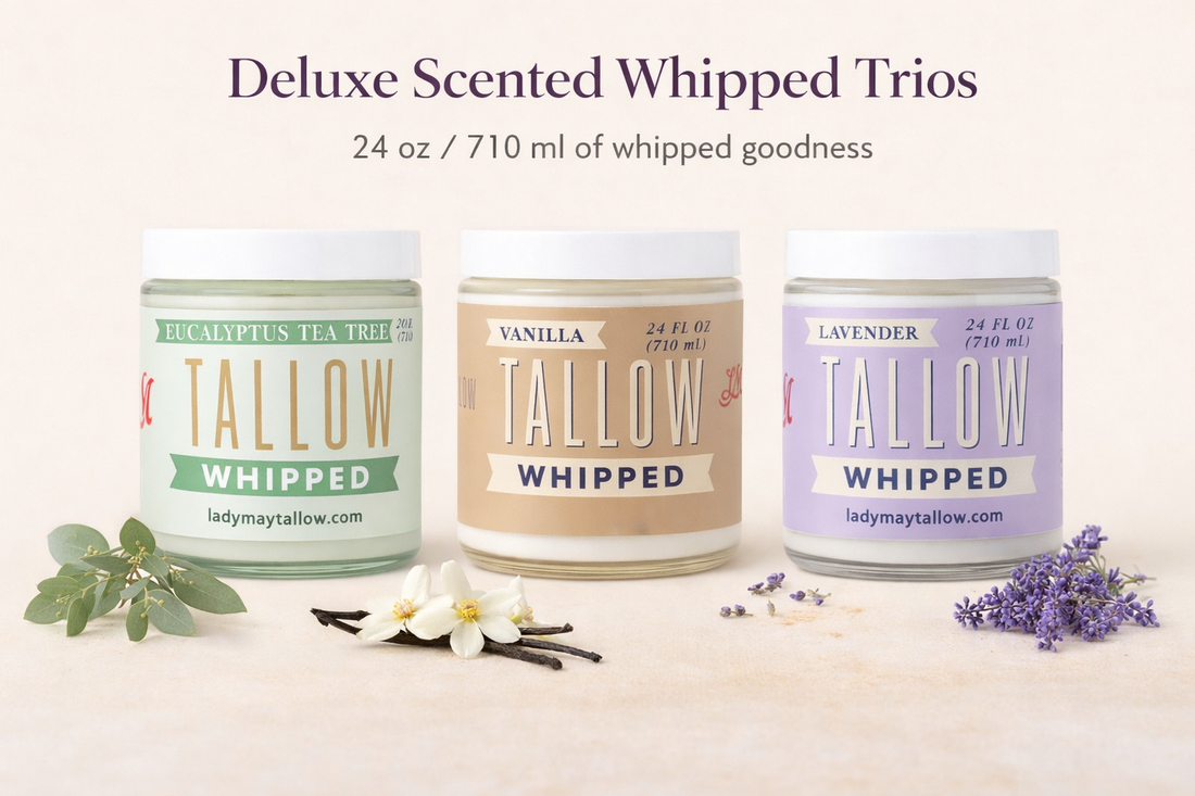 Deluxe Scented Whipped Tallow Trio - 24oz Lavender, Vanilla Bean &amp; Eucalyptus Tea Tree | Grass-Fed Skincare Bundle