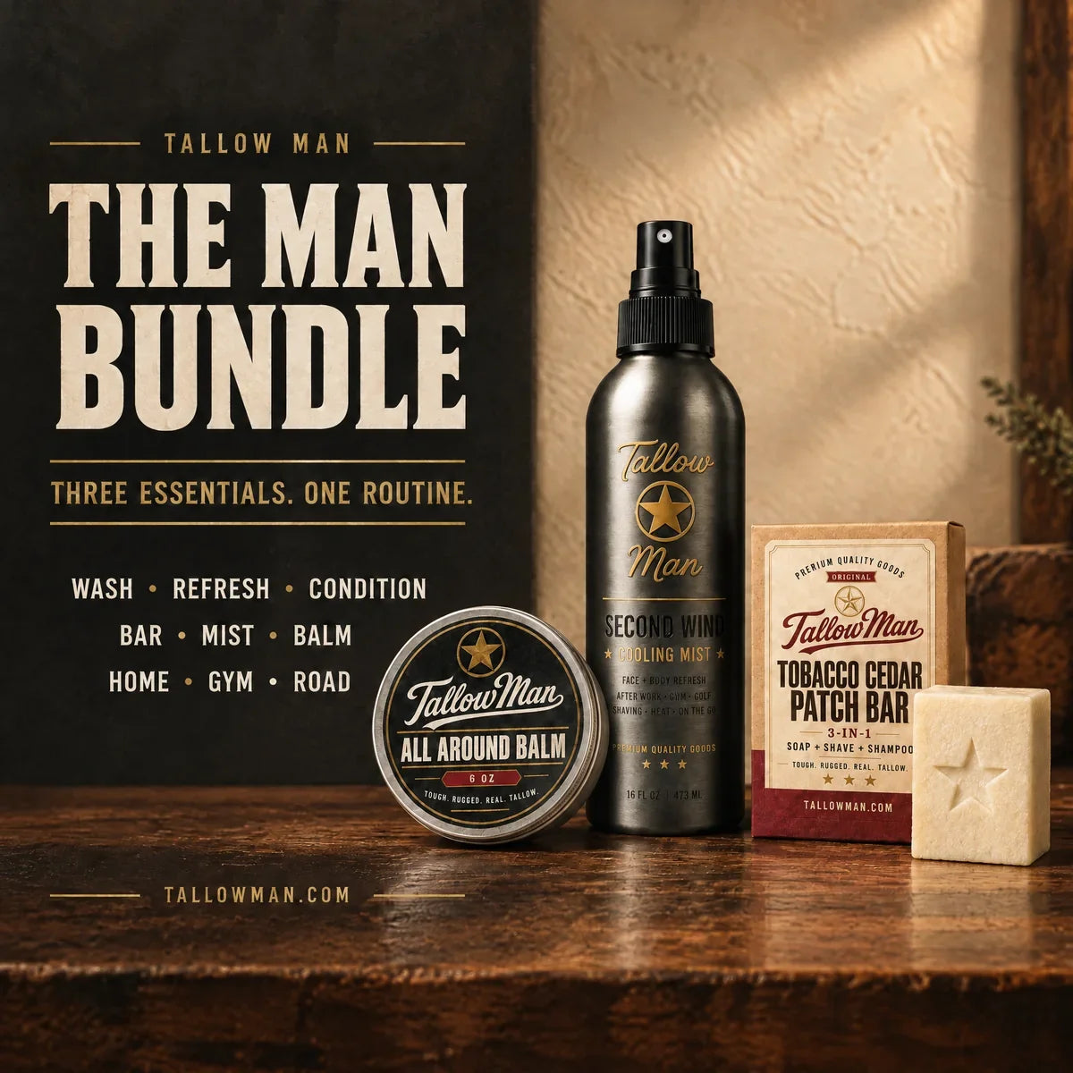 The Man Bundle graphic: three essentials, one routine - wash, refresh, condition with Tobacco Cedar patch bar, Second Wind mist and All Around Balm