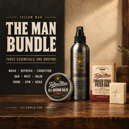 The Man Bundle graphic: three essentials, one routine - wash, refresh, condition with Tobacco Cedar patch bar, Second Wind mist and All Around Balm