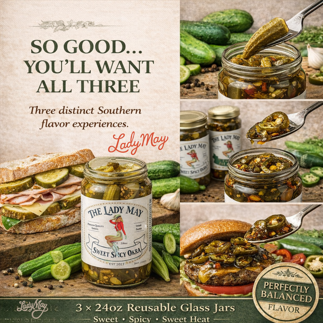 Lady May Pickle Trio Gift Set – 3 Pack Bundle (24oz Jars) – Bread &amp; Butter Sweet Pickles, Sweet &amp; Spicy Pickled Okra, Candied Jalapeños – Small Batch Southern Style – Restaurant Made Gourmet Pickles