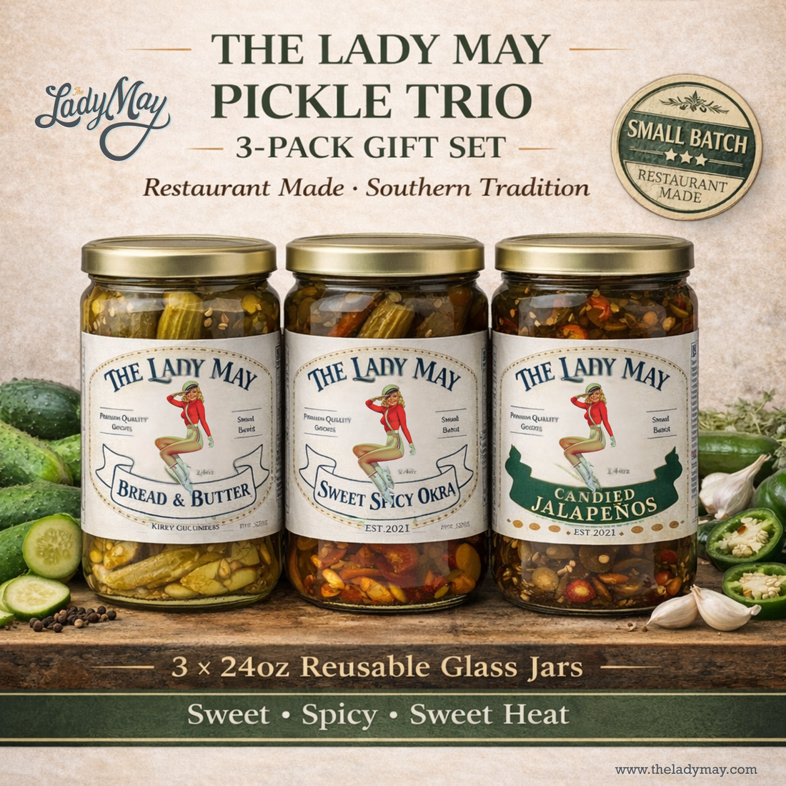 Lady May Pickle Trio Gift Set – 3 Pack Bundle (24oz Jars) – Bread &amp; Butter Sweet Pickles, Sweet &amp; Spicy Pickled Okra, Candied Jalapeños – Small Batch Southern Style – Restaurant Made Gourmet Pickles