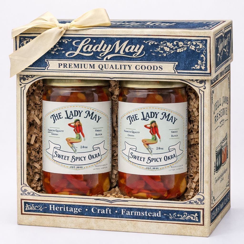 Lady May Sweet &amp; Spicy Pickled Okra – 2 Pack (24oz Jars) – Southern Style Whole Fresh Okra Pods – Small Batch Restaurant Made – Sweet Heat with Jalapeño &amp; Garlic