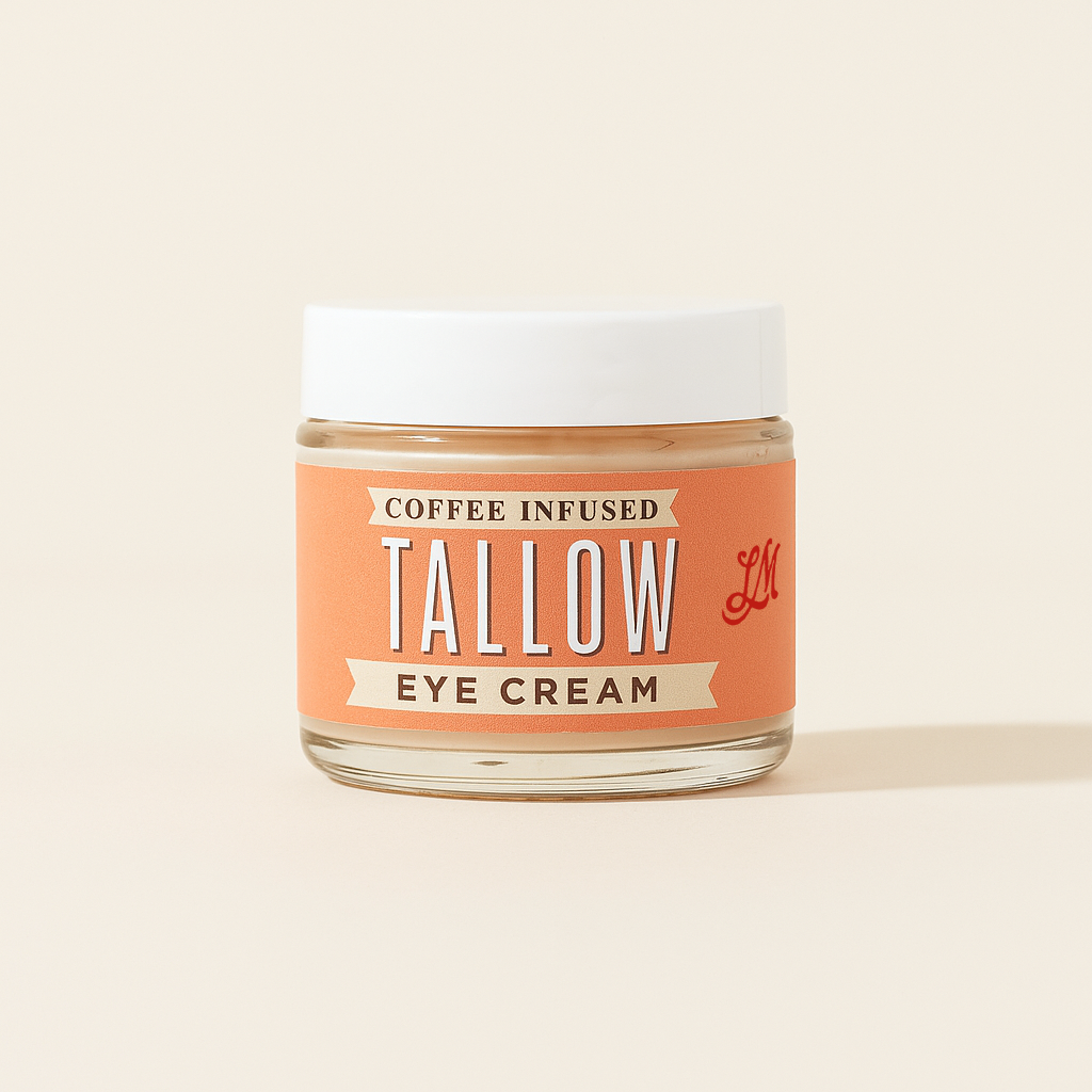 Jar of coffee-infused tallow eye cream on a beige background