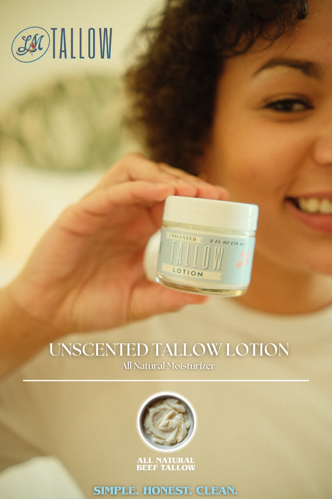 Unscented Tallow Lotion – Pure, Preservative-Free One Ingredient Moisturizer by Lady May Tallow jar held by smiling woman