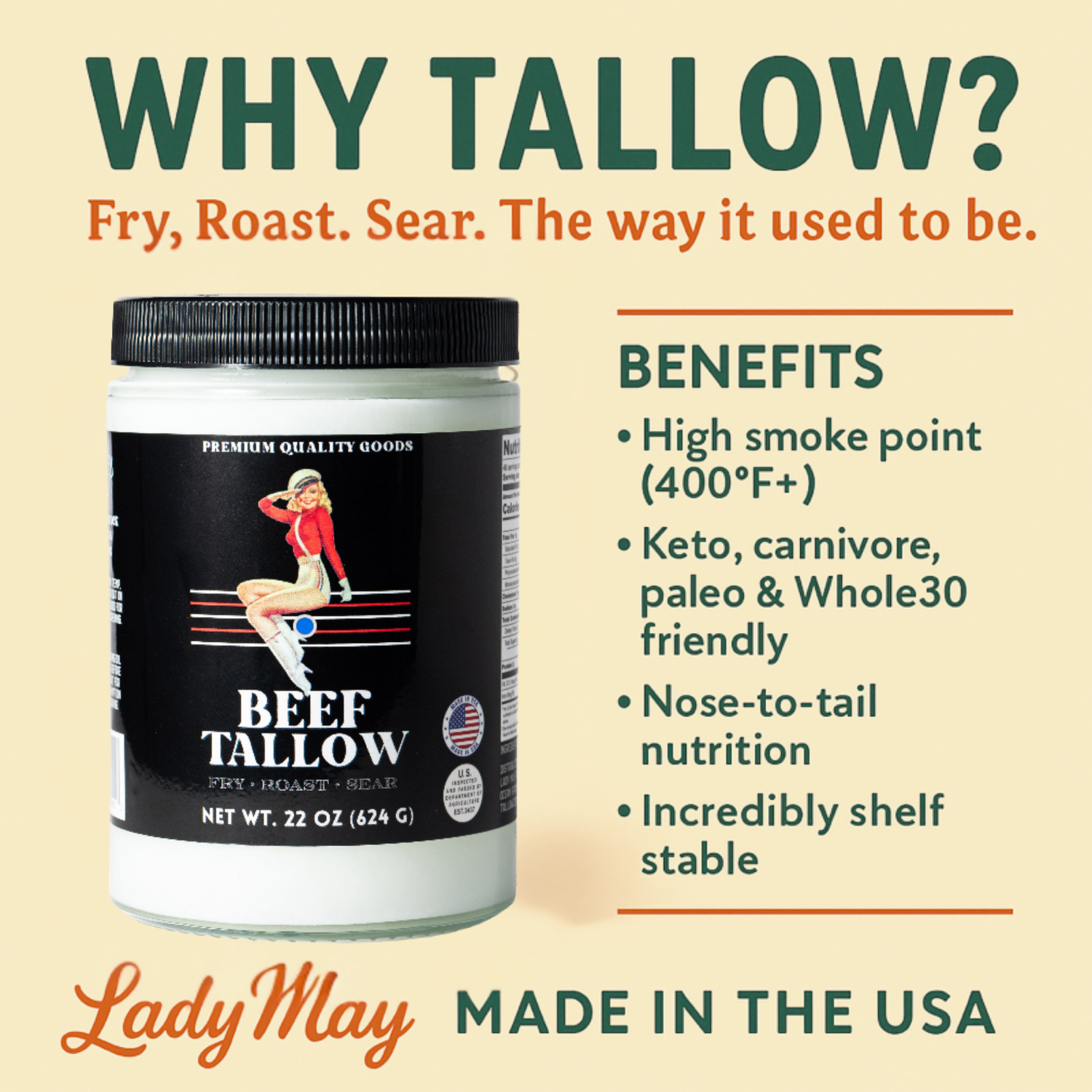 Lady May Tallow Cooking Oil Trio Bundle | Grass-Fed Beef Tallow &amp; Olive Oil | Original, Rosemary Garlic &amp; Lemon Pepper | Clean High-Heat Cooking from Our Restaurant Kitchen