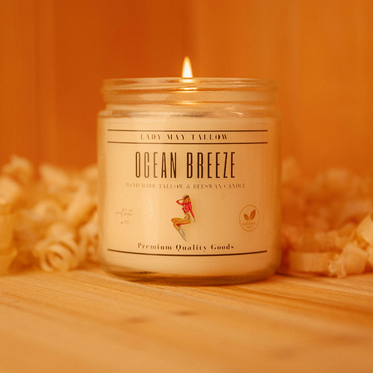 Lady May Tallow "Classic" Tallow &amp; Beeswax Candle 16oz | 7 Natural Scents | Non-Toxic Clean Burning Ocean Breeze candle in glass jar