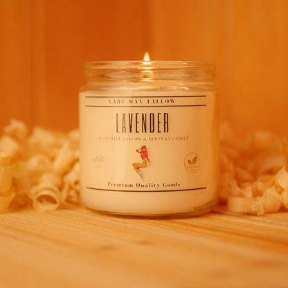 Lady May Tallow "Classic" Tallow &amp; Beeswax Candle 16oz | 7 Natural Scents | Non-Toxic Clean Burning lavender candle in glass jar, lit