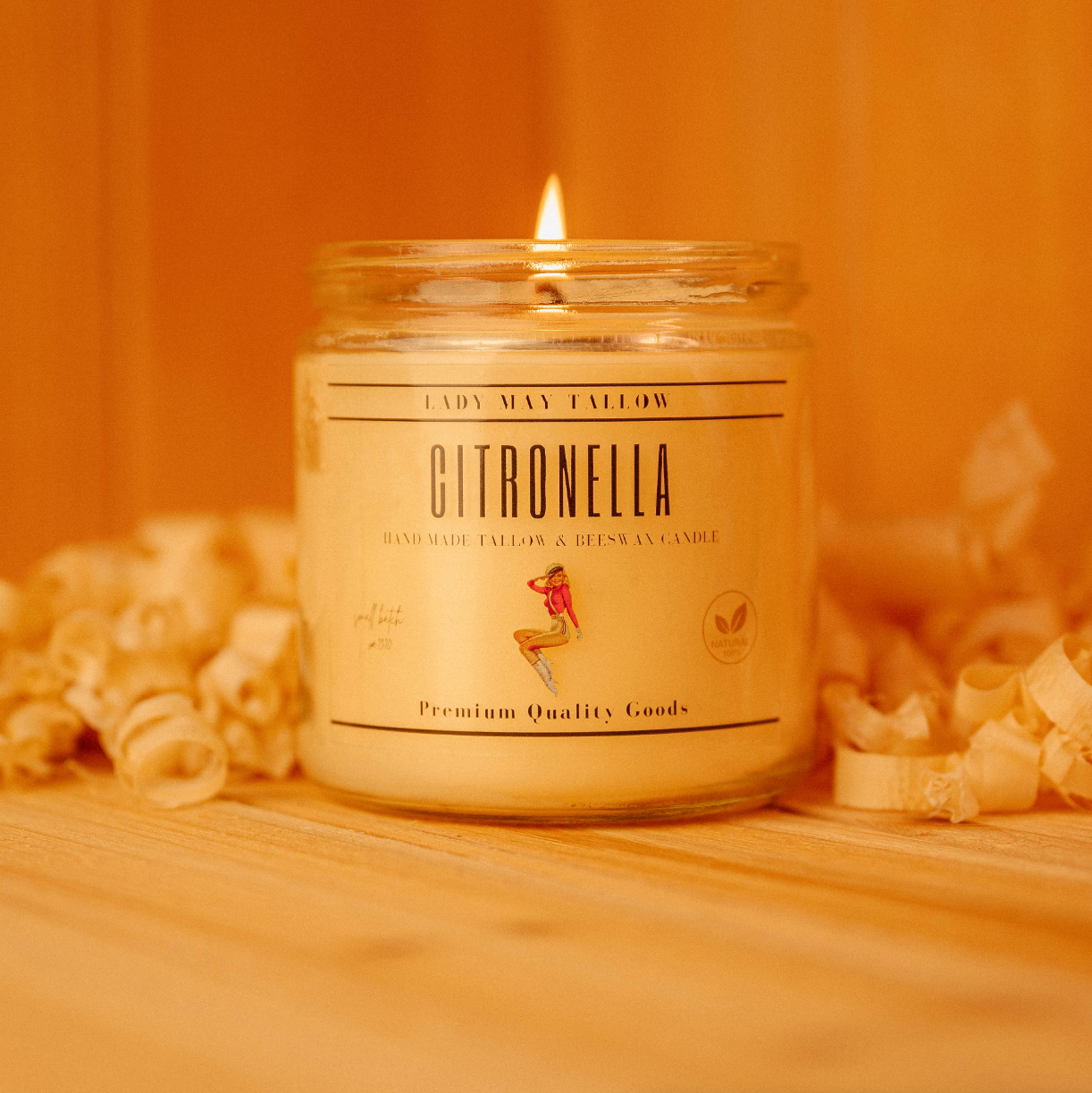 Lady May Tallow "Classic" Tallow &amp; Beeswax Candle 16oz | 7 Natural Scents | Non-Toxic Clean Burning citronella candle in glass jar lit