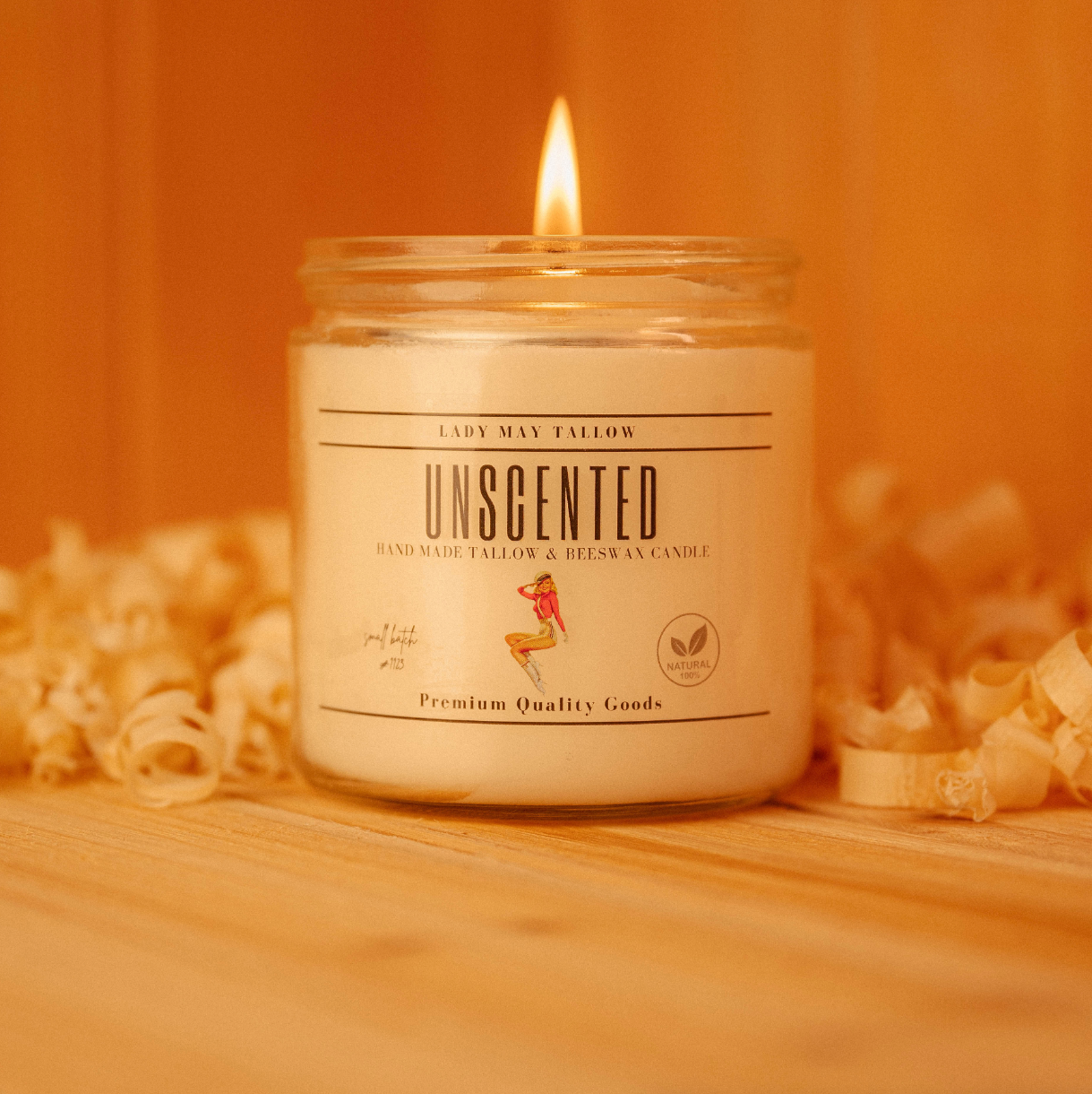 Lady May Tallow "Classic" Tallow &amp; Beeswax Candle 16oz | 7 Natural Scents | Non-Toxic Clean Burning unscented jar candle lit