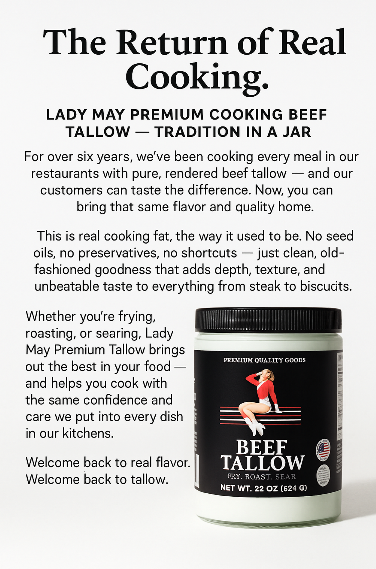 Lady May Premium Cooking Tallow (22oz) | All-Natural Beef Fat for Frying, Roasting &amp; Skillet Cooking | No Seed Oils, No Preservatives
