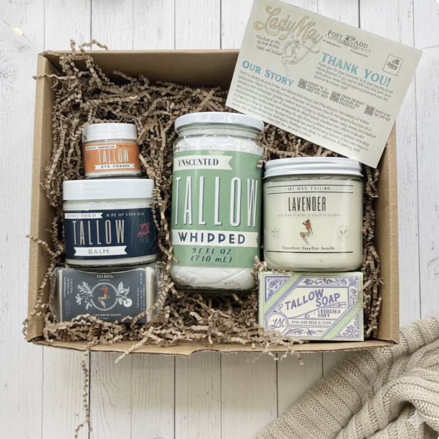 Deluxe Tallow Skincare Gift Set - 6-Piece Grass-Fed Bundle with Candle &amp; Soaps