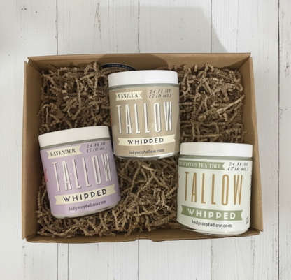 Deluxe Scented Whipped Tallow Trio - 24oz Lavender, Vanilla Bean &amp; Eucalyptus Tea Tree | Grass-Fed Skincare Bundle