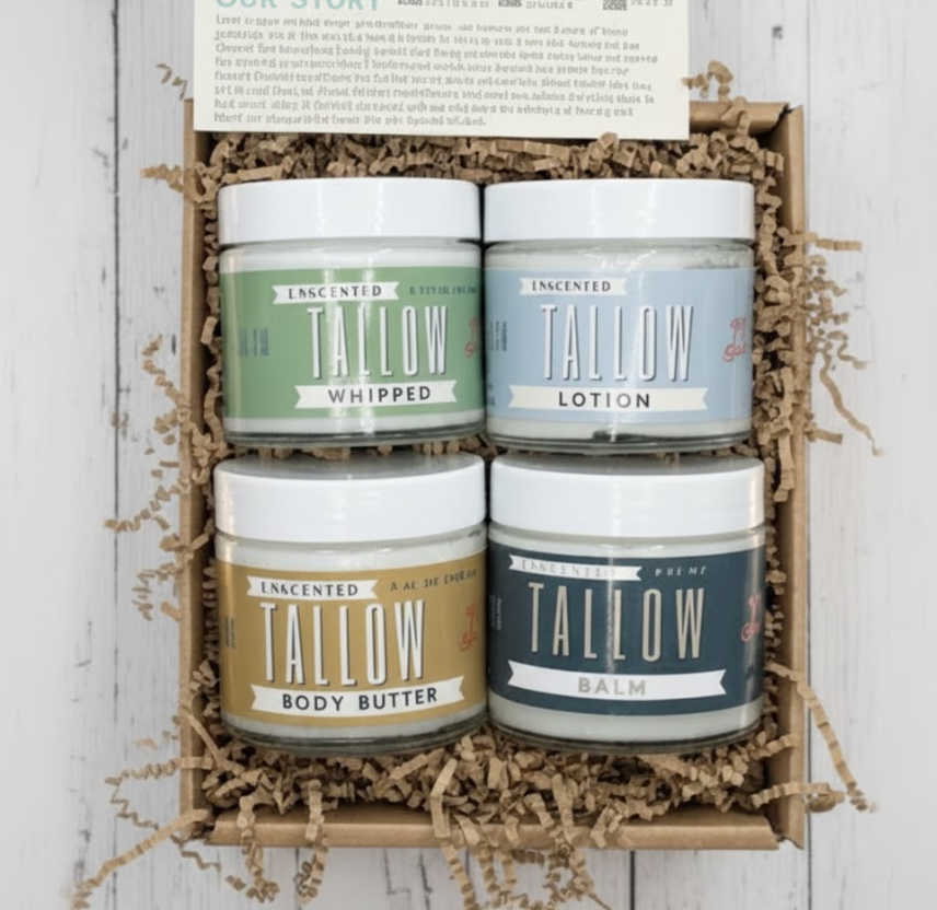 Unscented Tallow Skincare Collection | 4-Piece Gift Set | Grass-Fed Tallow Lotion, Body Butter, Balm &amp; Whipped Moisturizer