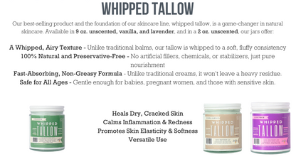 Unscented Whipped Tallow Moisturizer | 100% Natural Skincare | Deep Hydration for Face &amp; Body