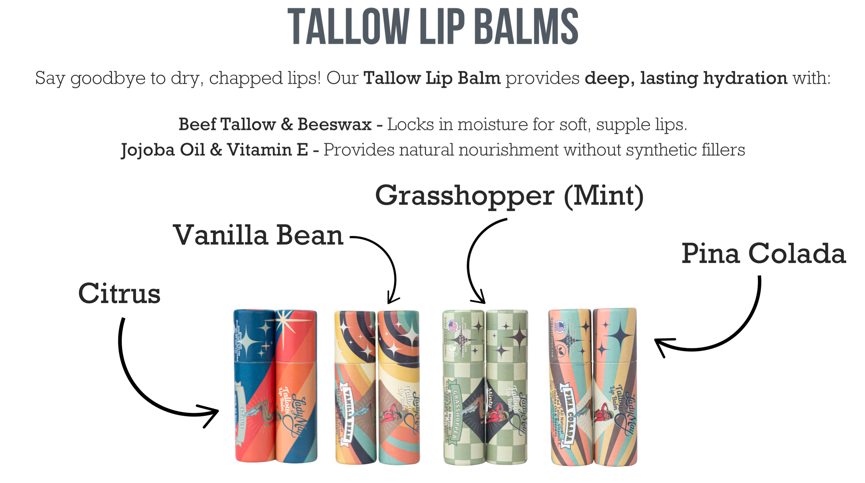 Lady May Tallow Lip Balm – Pure, Simple, Natural (Multiple Flavors)