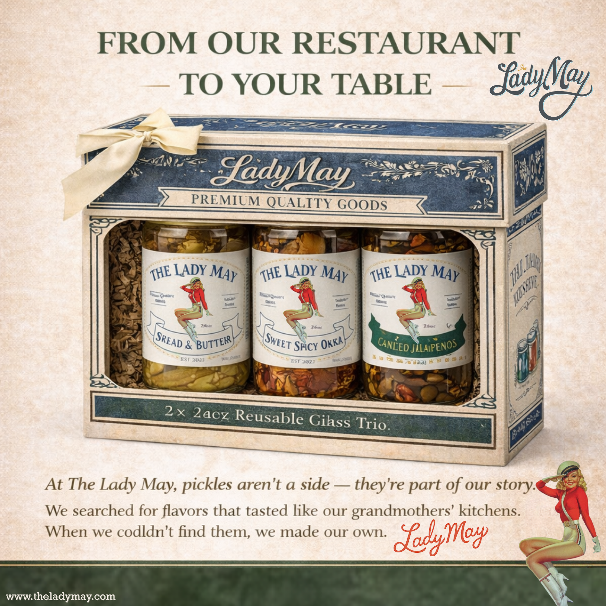 Lady May Pickle Trio Gift Set – 3 Pack Bundle (24oz Jars) – Bread &amp; Butter Sweet Pickles, Sweet &amp; Spicy Pickled Okra, Candied Jalapeños – Small Batch Southern Style – Restaurant Made Gourmet Pickles