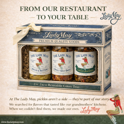 Lady May Pickle Trio Gift Set – 3 Pack Bundle (24oz Jars) – Bread &amp; Butter Sweet Pickles, Sweet &amp; Spicy Pickled Okra, Candied Jalapeños – Small Batch Southern Style – Restaurant Made Gourmet Pickles