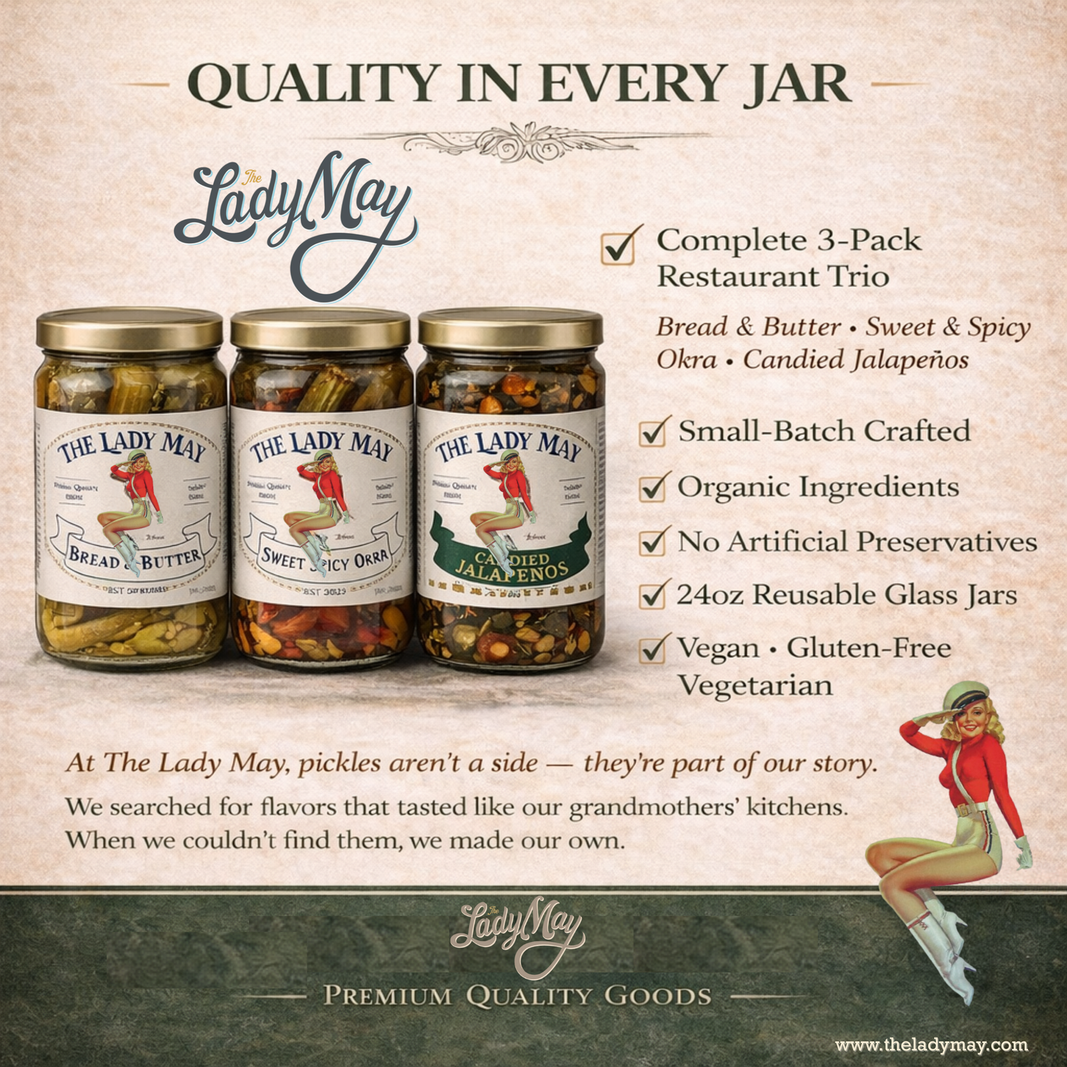 Lady May Pickle Trio Gift Set – 3 Pack Bundle (24oz Jars) – Bread &amp; Butter Sweet Pickles, Sweet &amp; Spicy Pickled Okra, Candied Jalapeños – Small Batch Southern Style – Restaurant Made Gourmet Pickles