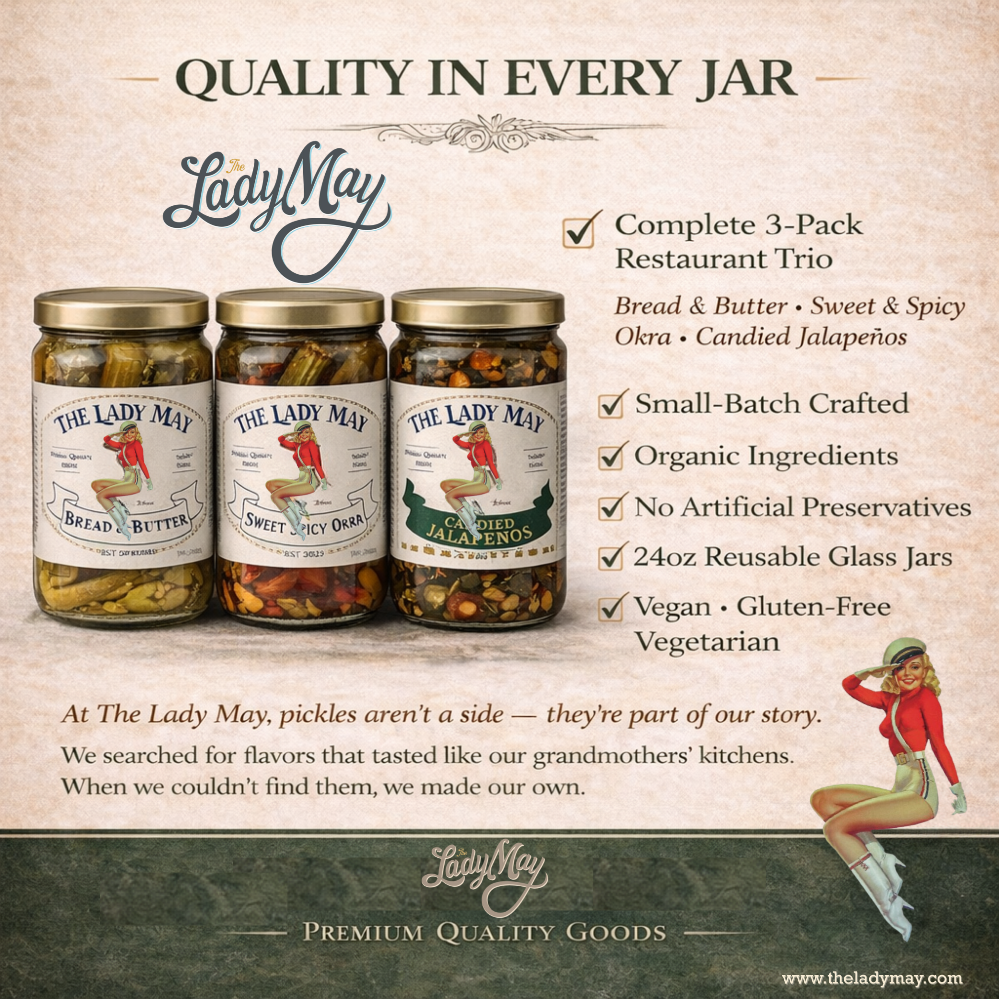 Lady May Pickle Trio Gift Set – 3 Pack Bundle (24oz Jars) – Bread &amp; Butter Sweet Pickles, Sweet &amp; Spicy Pickled Okra, Candied Jalapeños – Small Batch Southern Style – Restaurant Made Gourmet Pickles