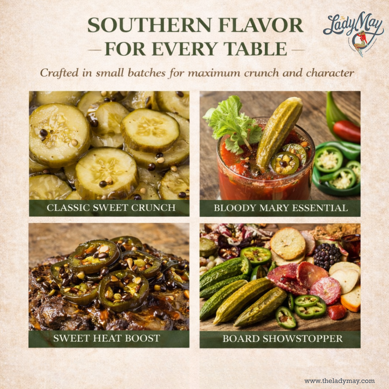 Lady May Pickle Trio Gift Set – 3 Pack Bundle (24oz Jars) – Bread &amp; Butter Sweet Pickles, Sweet &amp; Spicy Pickled Okra, Candied Jalapeños – Small Batch Southern Style – Restaurant Made Gourmet Pickles