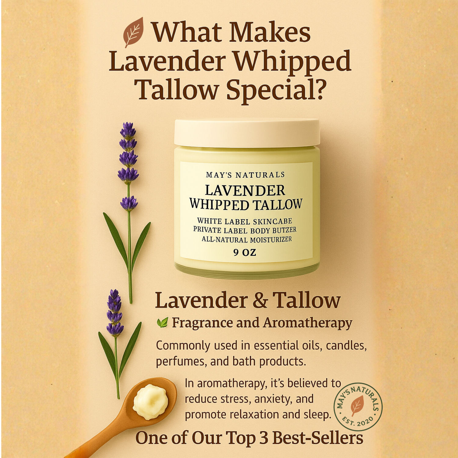 White Label Lavender Whipped Tallow (9oz) – All-Natural | Private Label Skincare by May’s Naturals