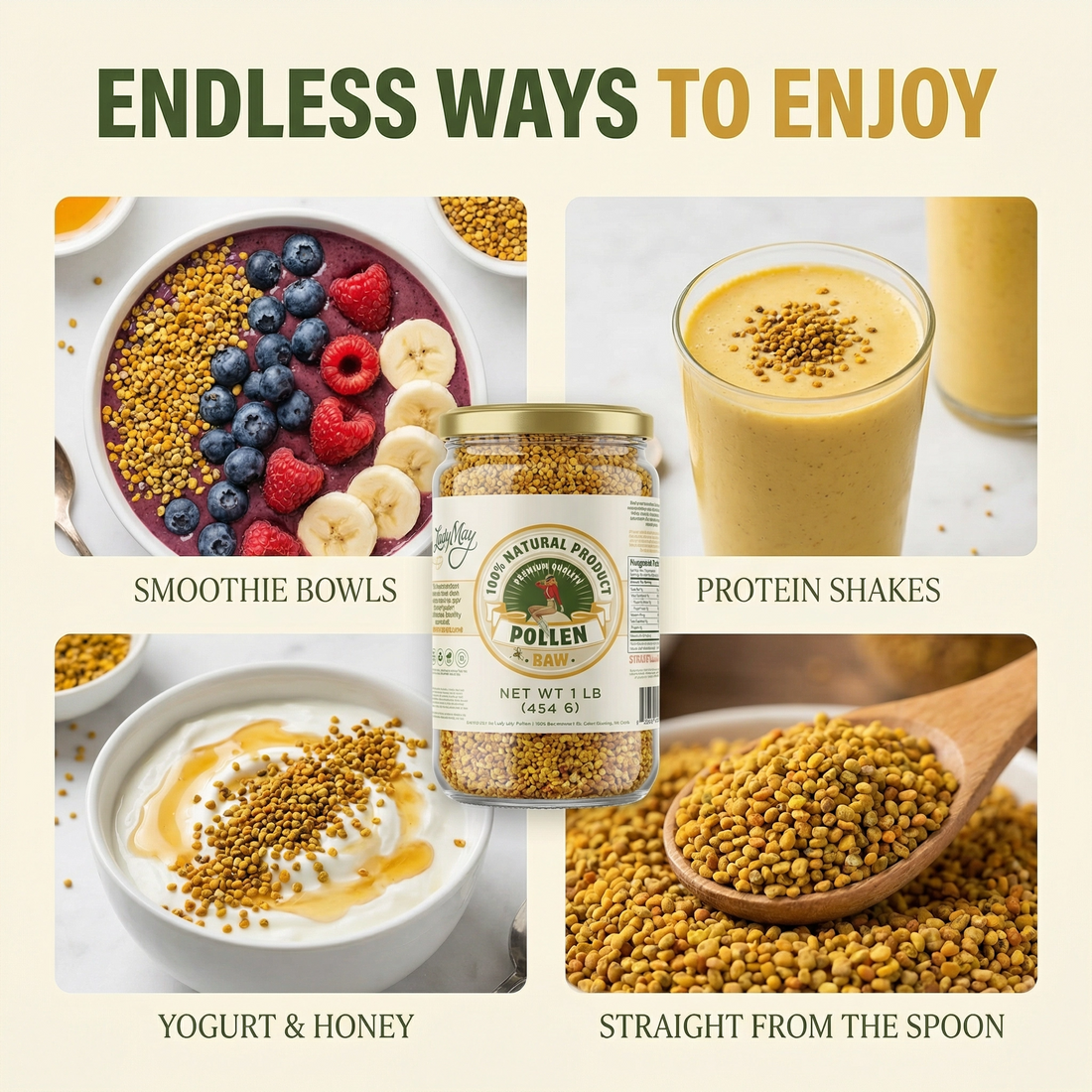 Honeymakers Raw Bee Pollen Granules by The Lady May – 100% Pure, Unheated Natural Superfood for Energy, Immune Support &amp; Digestion – Non-GMO, Gluten-Free, Rich in Protein &amp; Antioxidants (24 oz)
