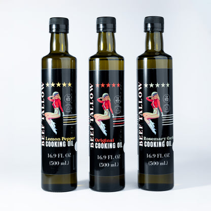 Lady May Tallow Cooking Oil Trio Bundle | Grass-Fed Beef Tallow &amp; Olive Oil | Original, Rosemary Garlic &amp; Lemon Pepper | Clean High-Heat Cooking from Our Restaurant Kitchen