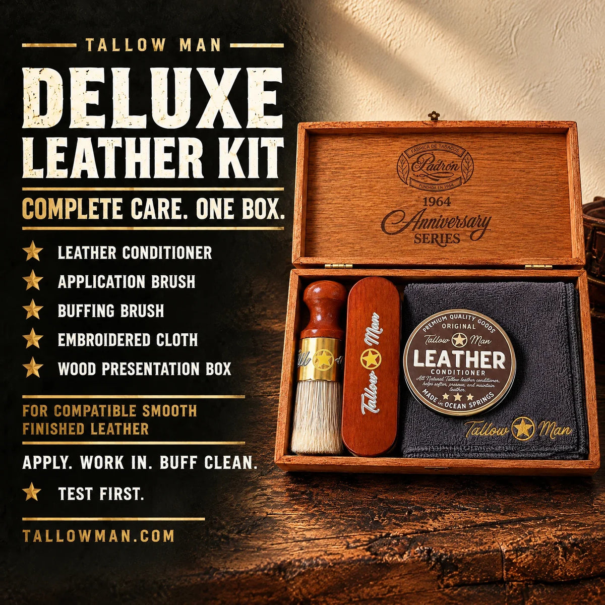 Tallow Man Deluxe Leather Kit graphic listing conditioner, application brush, buffing brush, embroidered cloth and wood box