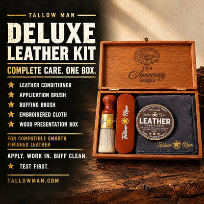 Tallow Man Deluxe Leather Kit graphic listing conditioner, application brush, buffing brush, embroidered cloth and wood box