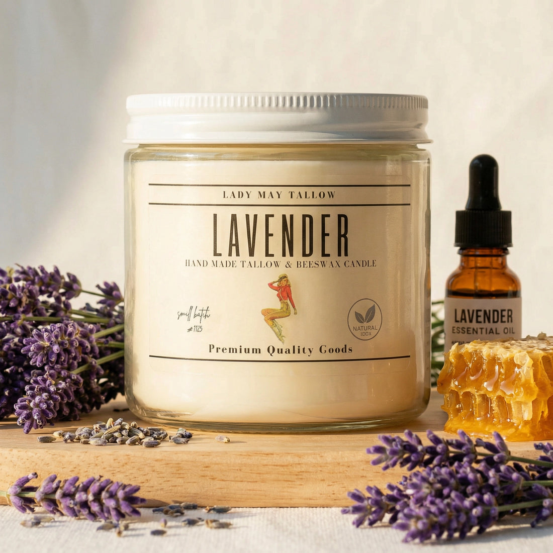 Lady May Tallow "Classic" Tallow &amp; Beeswax Candle 16oz | Lavender | Non-Toxic Clean Burning