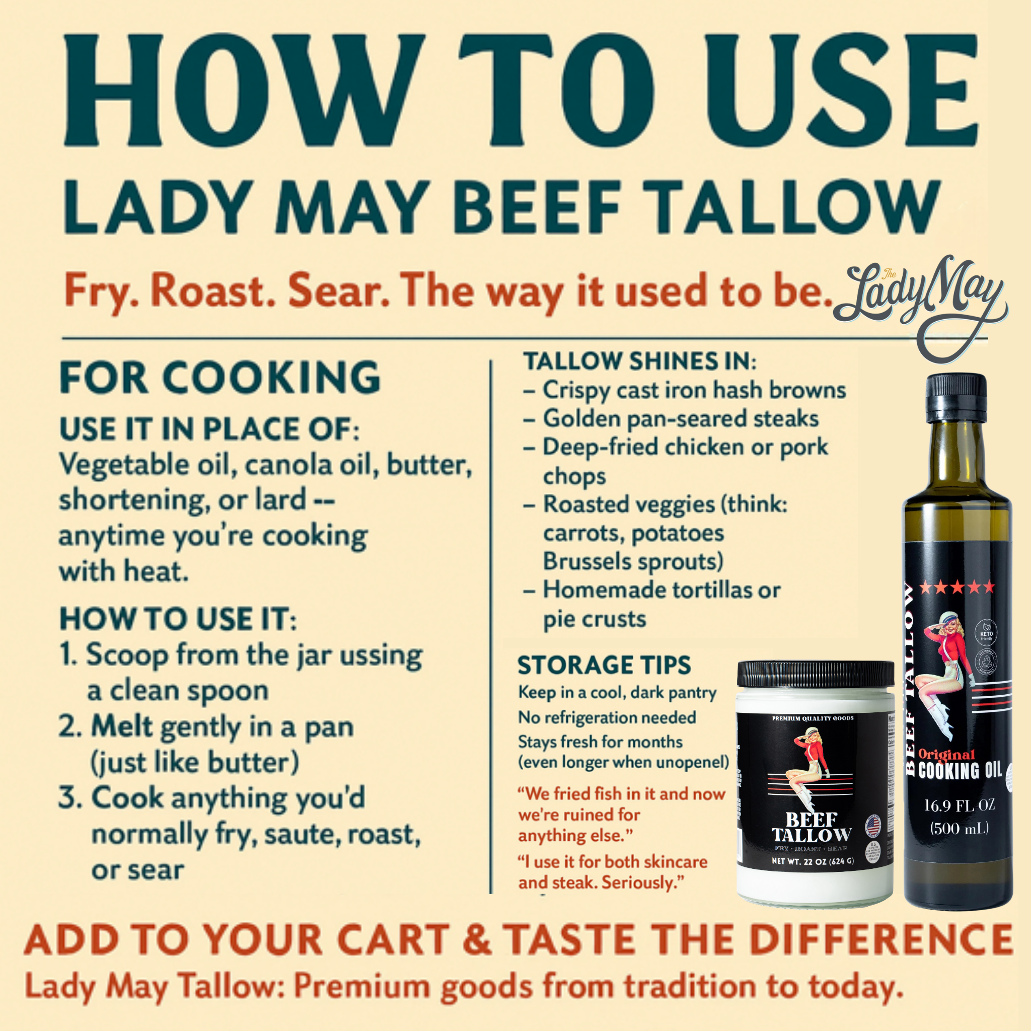 How to use Lady May beef tallow cooking guide infographic—22oz Premium Grass-Fed Beef Tallow | Restaurant-Proven Cooking Fat | Seed Oil-Free