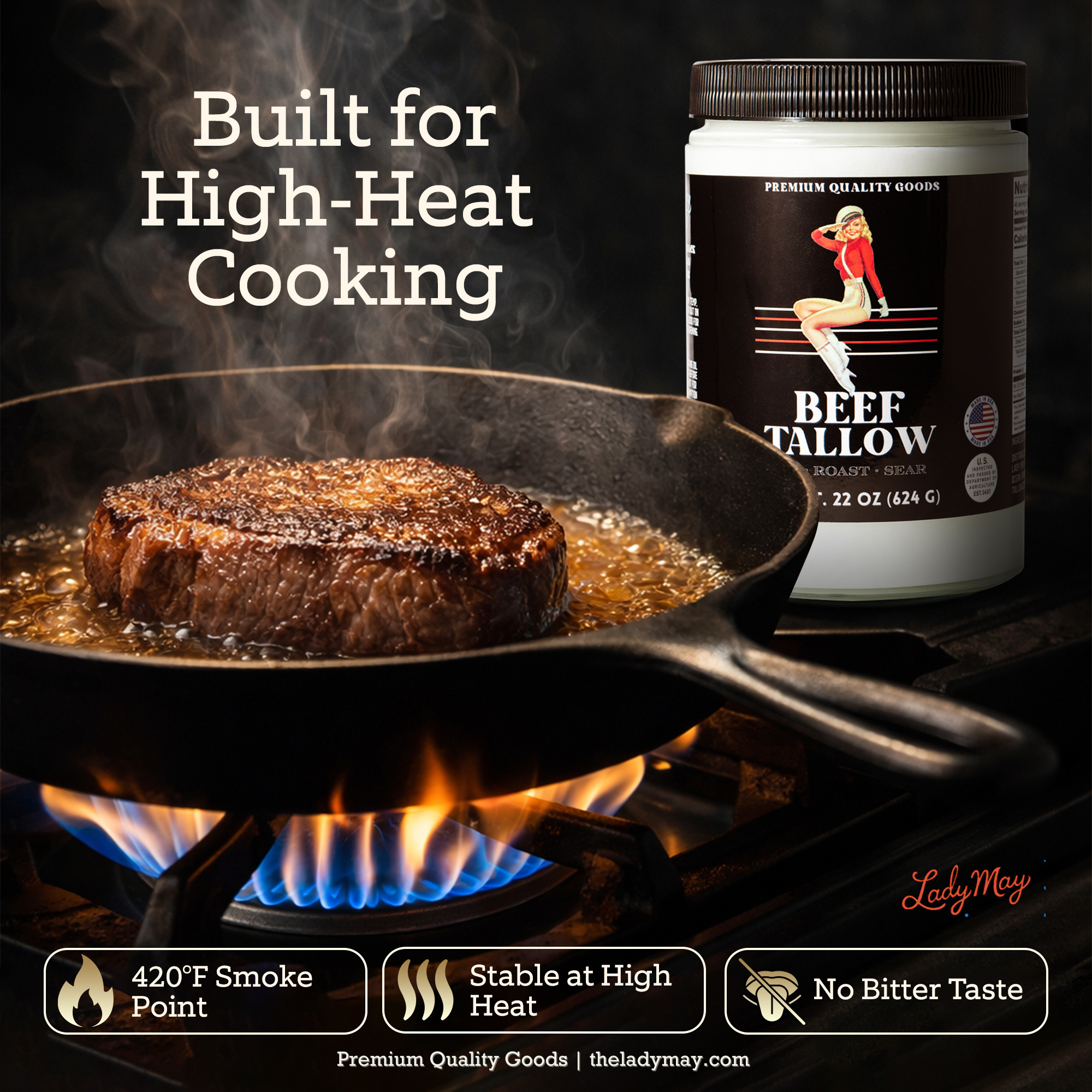 Alt Tag: 22oz Premium Grass-Fed Beef Tallow | Restaurant-Proven Cooking Fat | Seed Oil-Free jar beside steak searing in skillet for high-heat cooking