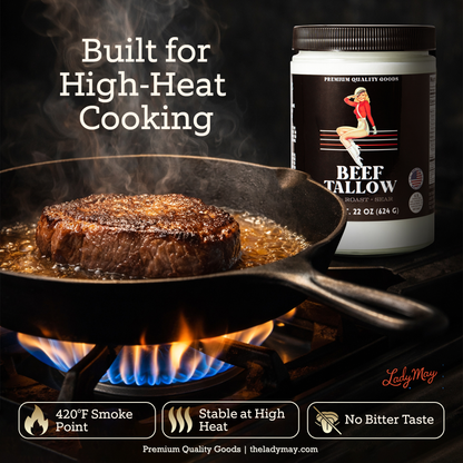 Alt Tag: 22oz Premium Grass-Fed Beef Tallow | Restaurant-Proven Cooking Fat | Seed Oil-Free jar beside steak searing in skillet for high-heat cooking