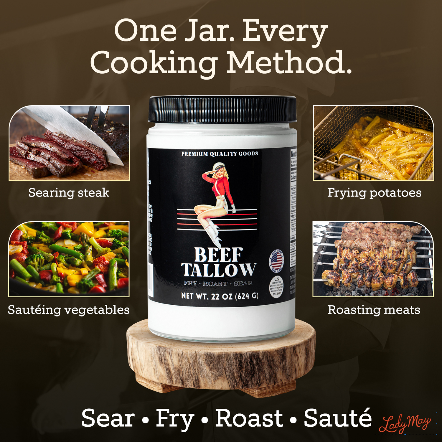 Alt Tag: 22oz Premium Grass-Fed Beef Tallow | Restaurant-Proven Cooking Fat | Seed Oil-Free jar for searing steak, frying potatoes, roasting meats