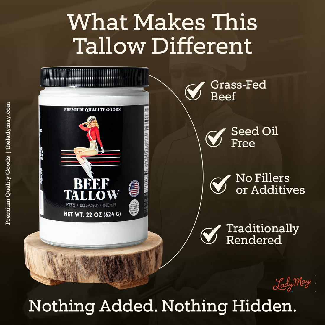 Alt Tag: 22oz Premium Grass-Fed Beef Tallow | Restaurant-Proven Cooking Fat | Seed Oil-Free jar with grass-fed, seed oil-free, no fillers, traditionally rendered benefits