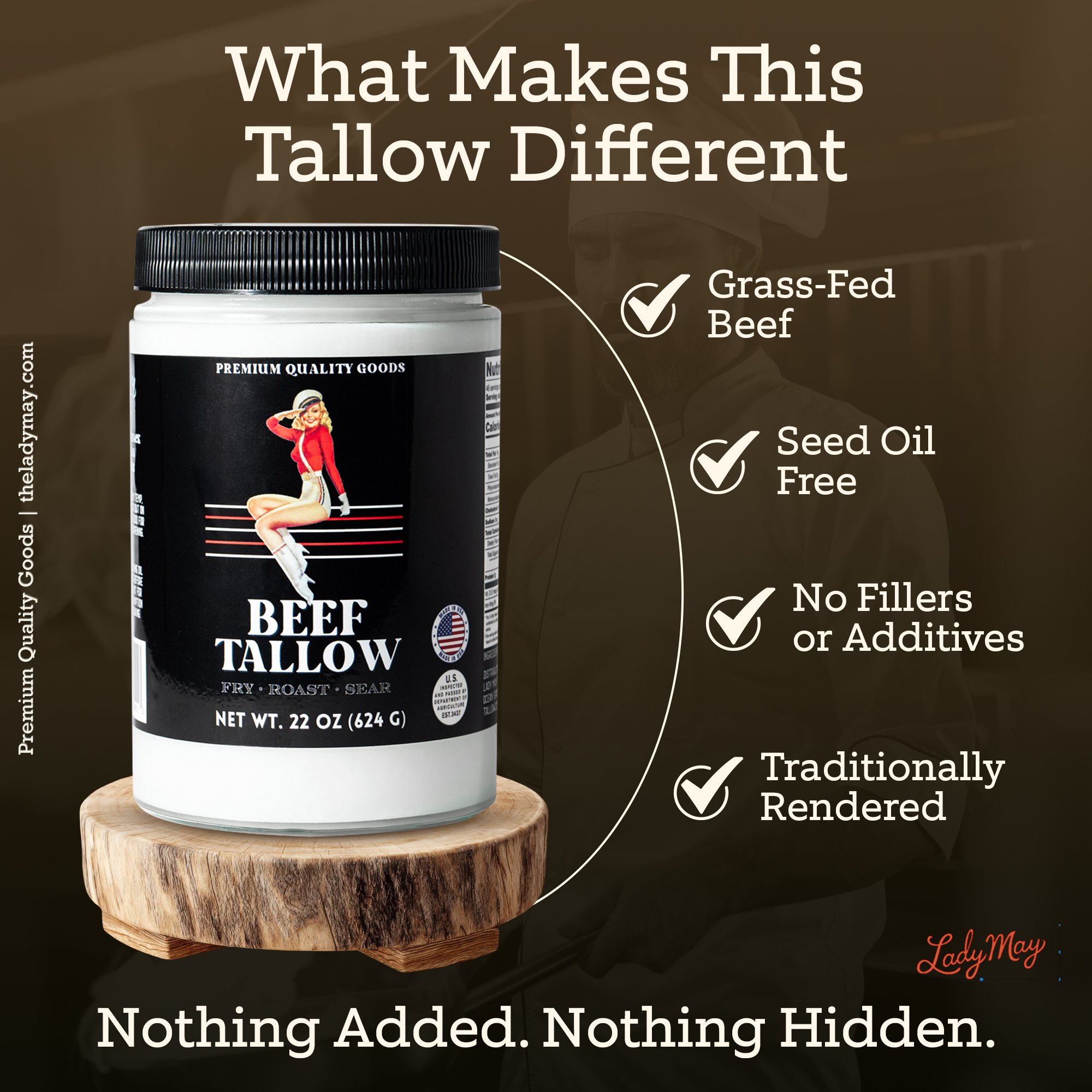 Alt Tag: 22oz Premium Grass-Fed Beef Tallow | Restaurant-Proven Cooking Fat | Seed Oil-Free jar with grass-fed, seed oil-free, no fillers, traditionally rendered benefits
