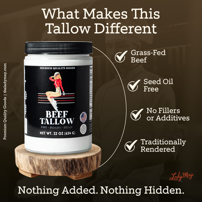 Alt Tag: 22oz Premium Grass-Fed Beef Tallow | Restaurant-Proven Cooking Fat | Seed Oil-Free jar with grass-fed, seed oil-free, no fillers, traditionally rendered benefits