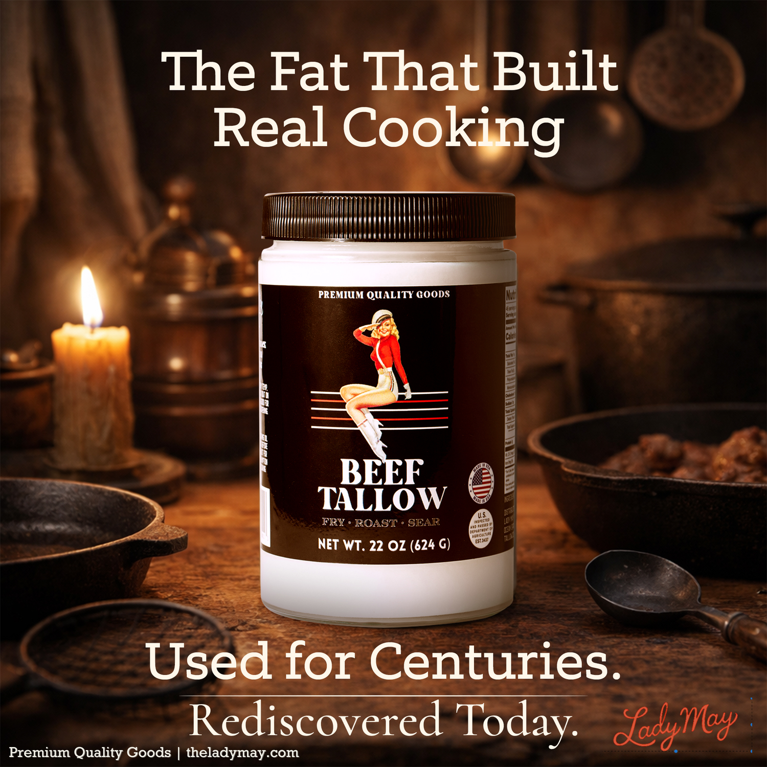 22oz Premium Grass-Fed Beef Tallow | Restaurant-Proven Cooking Fat | Seed Oil-Free jar in rustic kitchen cooking fat used for centuries