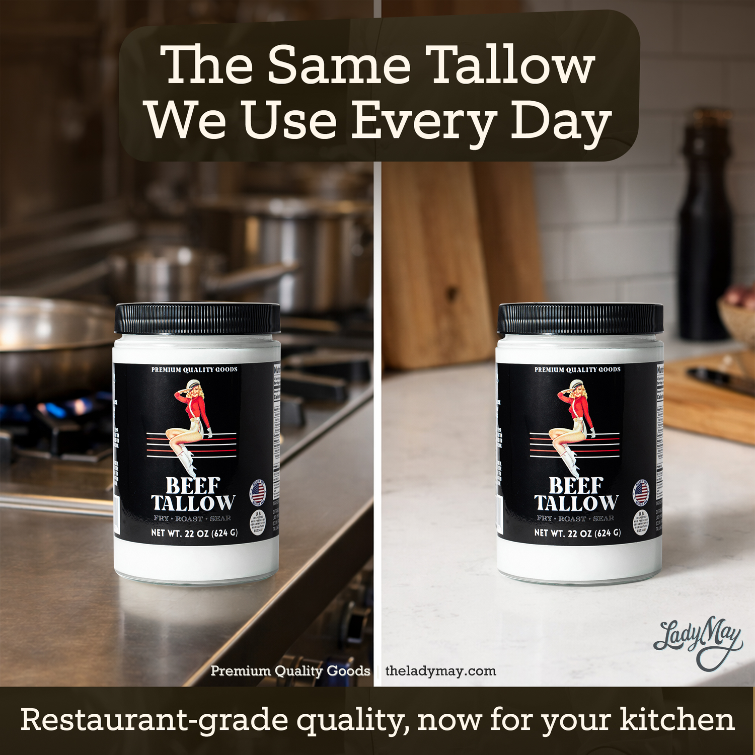 22oz Premium Grass-Fed Beef Tallow | Restaurant-Proven Cooking Fat | Seed Oil-Free jar on kitchen counter, restaurant-grade cooking fat