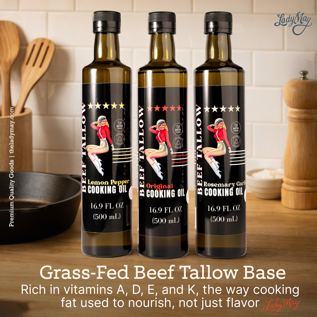 Premium Grass-Fed Beef Tallow Cooking Oil - Restaurant-Proven | Choose Your Flavor bottles in kitchen, original lemon pepper and rosemary garlic