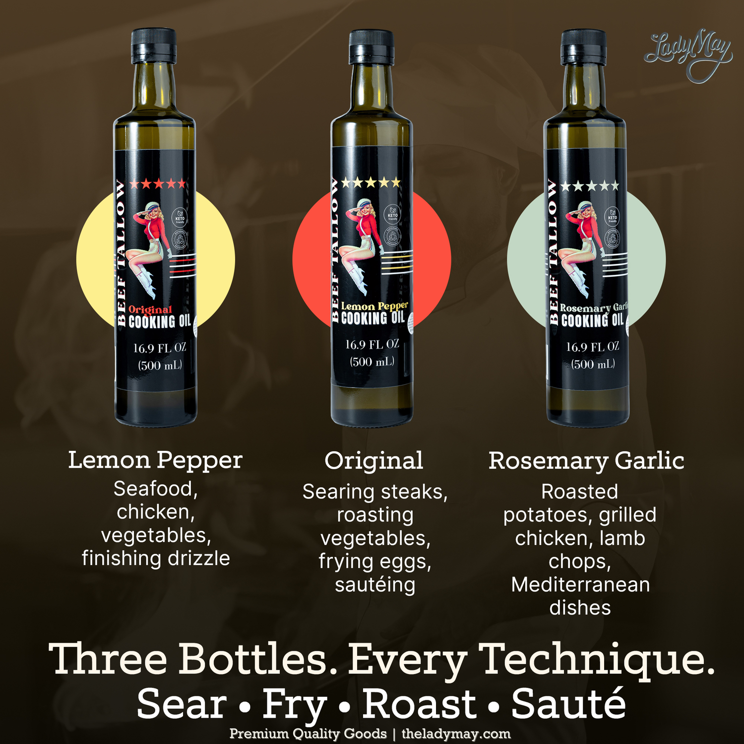 Premium Grass-Fed Beef Tallow Cooking Oil - Restaurant-Proven | Choose Your Flavor, three bottle flavors: Lemon Pepper, Original, Rosemary Garlic