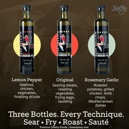 Premium Grass-Fed Beef Tallow Cooking Oil - Restaurant-Proven | Choose Your Flavor, three bottle flavors: Lemon Pepper, Original, Rosemary Garlic