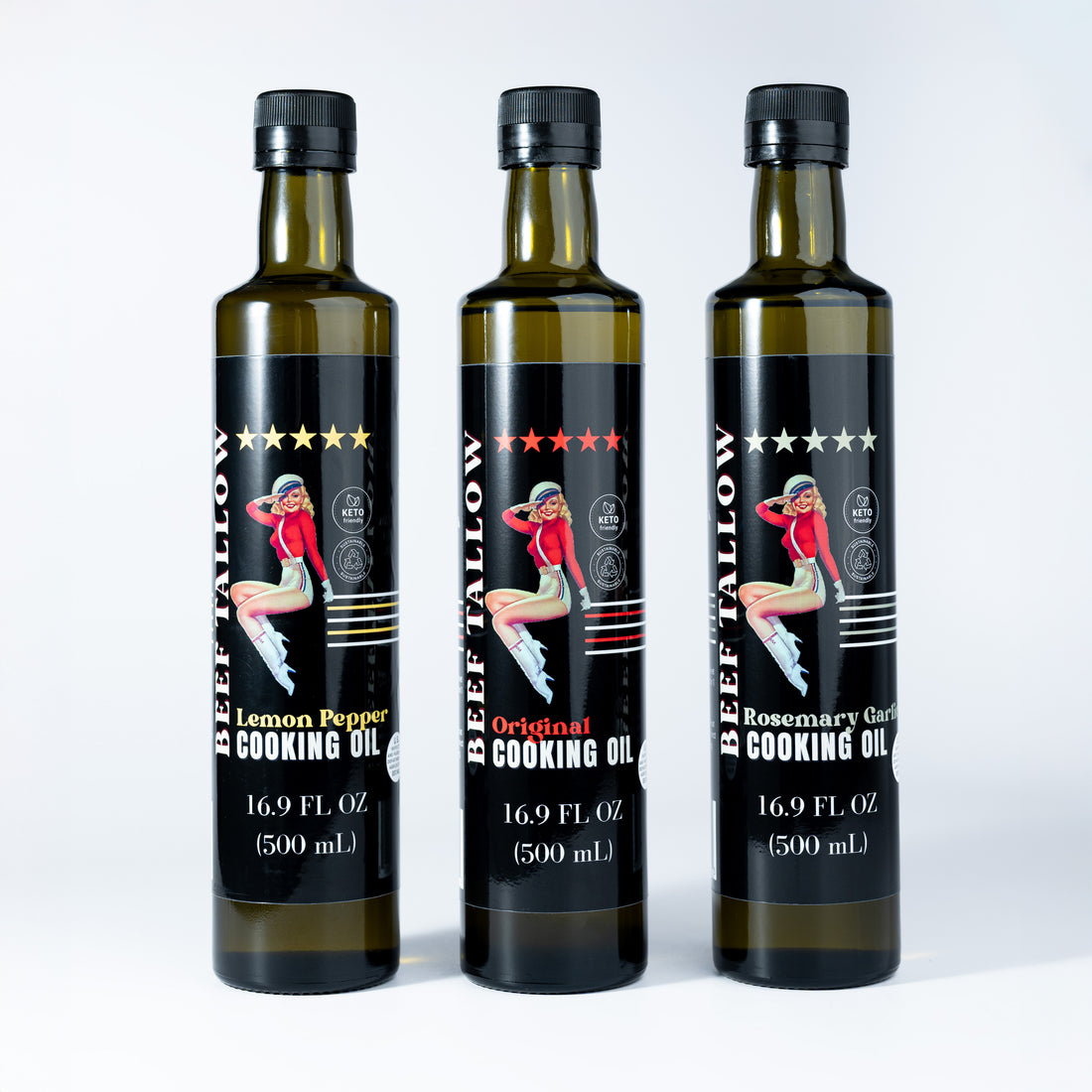 Lady May Tallow Cooking Oil Trio Bundle | Grass-Fed Beef Tallow &amp; Olive Oil | Original, Rosemary Garlic &amp; Lemon Pepper | Clean High-Heat Cooking from Our Restaurant Kitchen