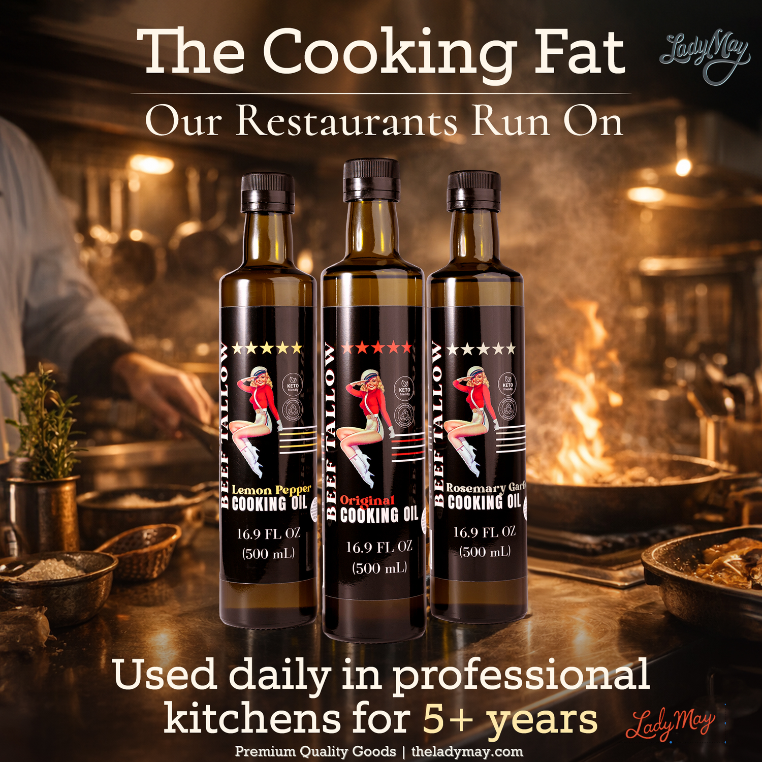 Premium Grass-Fed Beef Tallow Cooking Oil - Restaurant-Proven | Choose Your Flavor bottles in pro kitchen, used daily for 5+ years