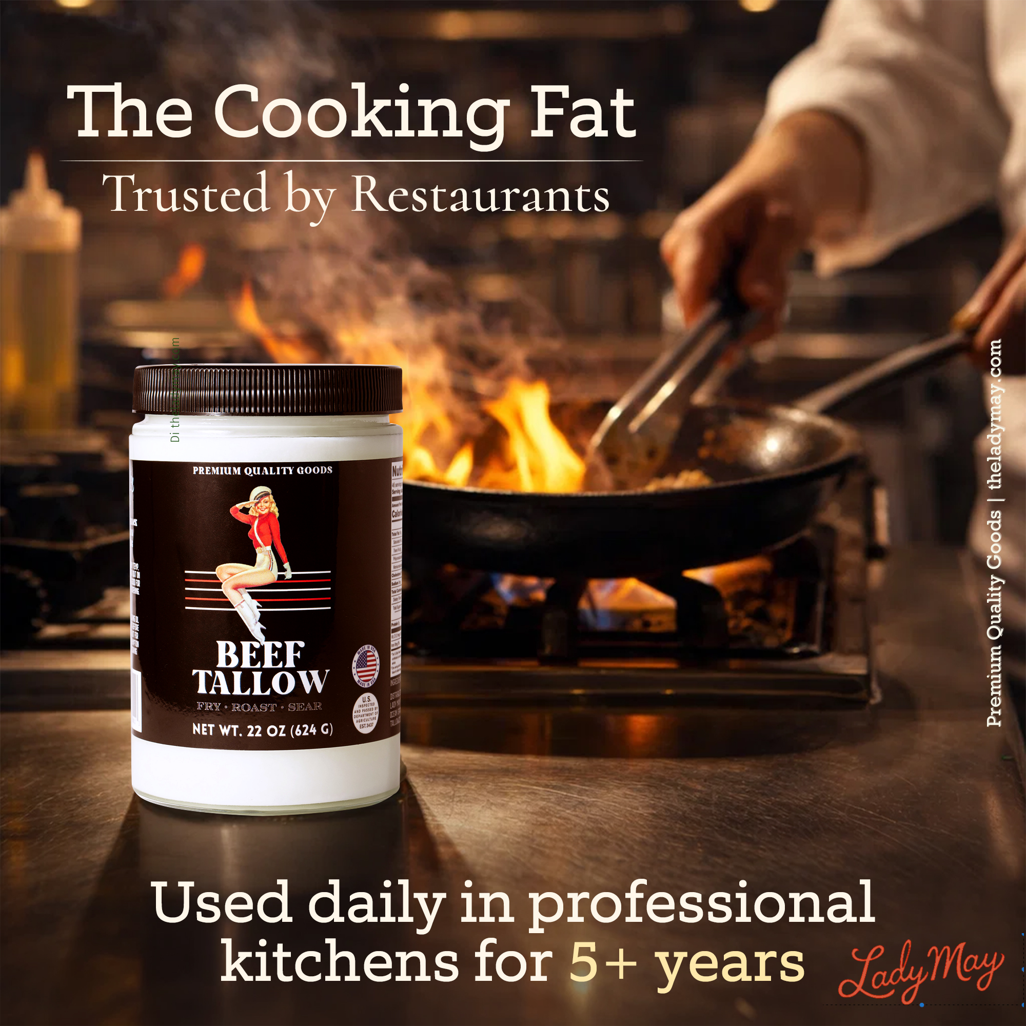 22oz Premium Grass-Fed Beef Tallow | Restaurant-Proven Cooking Fat | Seed Oil-Free jar beside chef cooking over flame in restaurant kitchen